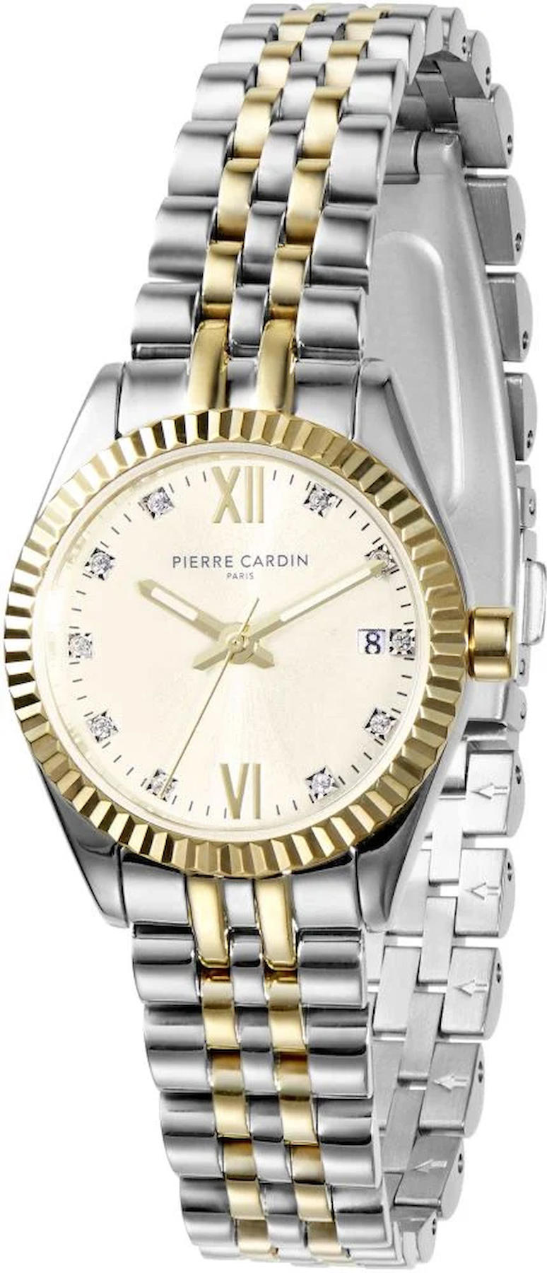 Pierre Cardin PCCOP.1004 Takvimli 28 mm Altın-Gri Çelik Kordon Analog Kadın Kol Saati