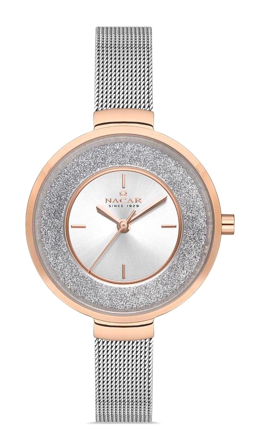 Nacar 33398855-ESMS 32 mm Gri Hasır Kordon Analog Kadın Kol Saati
