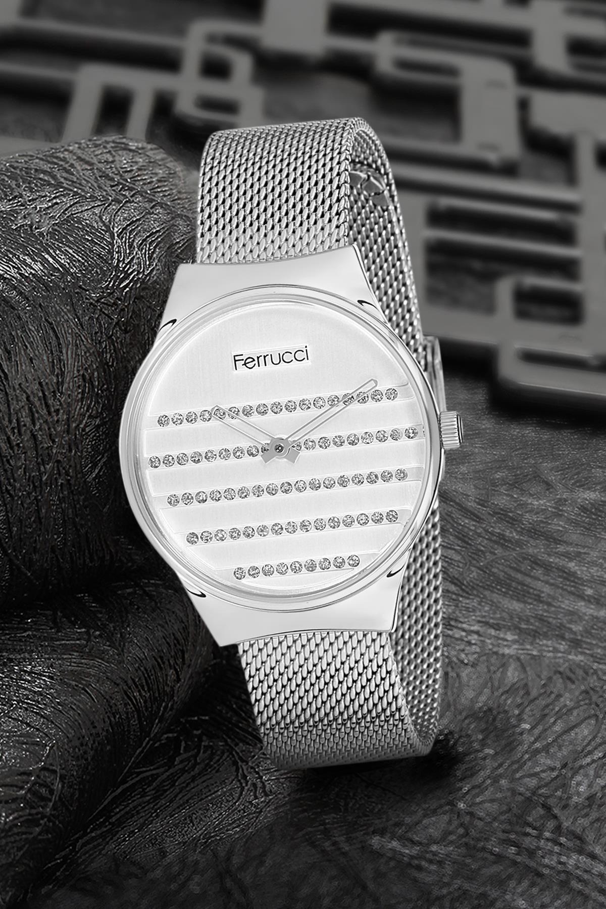 Ferrucci 9FM2442 38 mm Gri Çelik-Hasır Kordon Analog Kadın Kol Saati