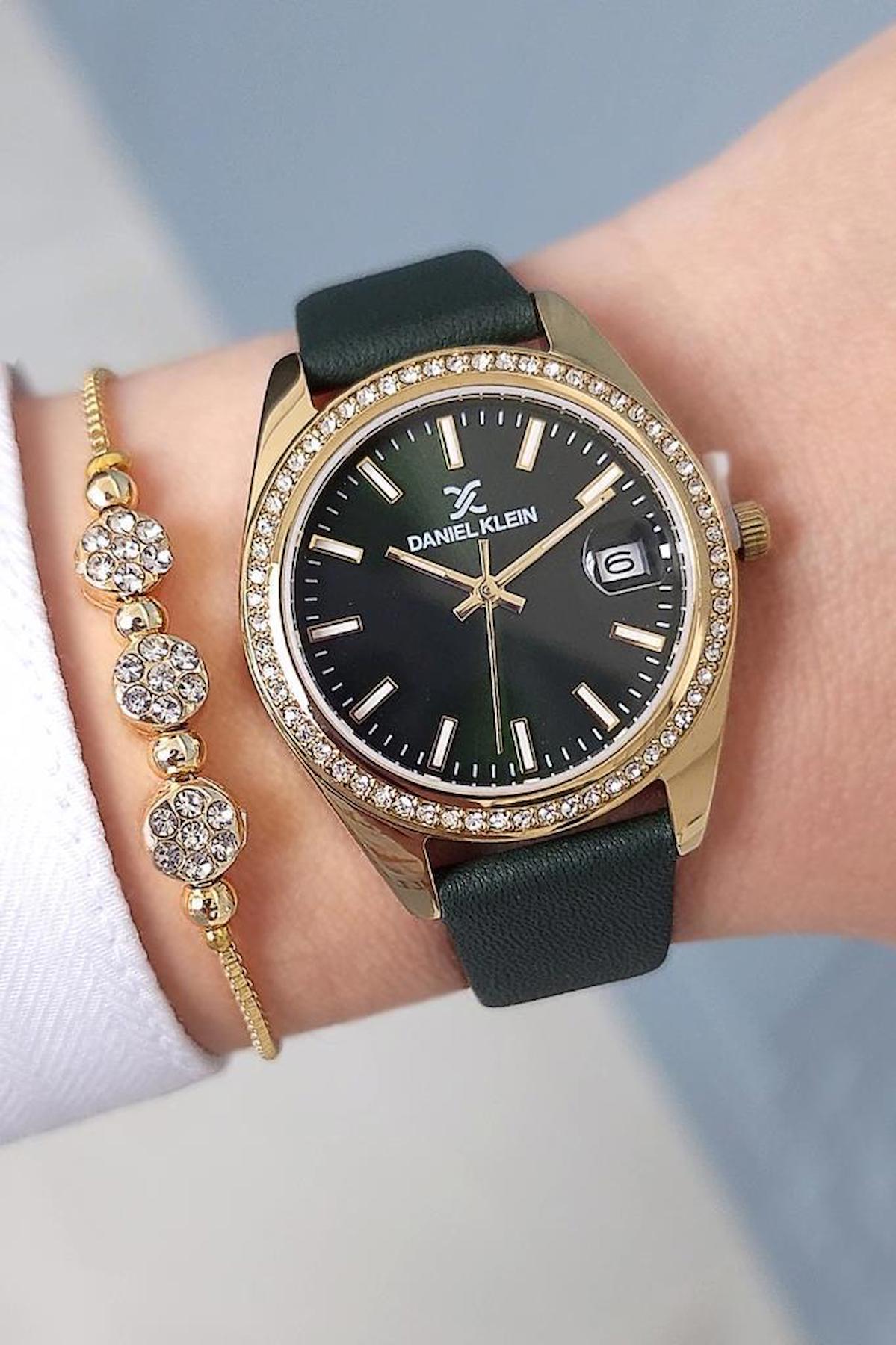 Daniel Klein Takvimli 33 mm Yeşil Deri Kordon Analog Kadın Kol Saati