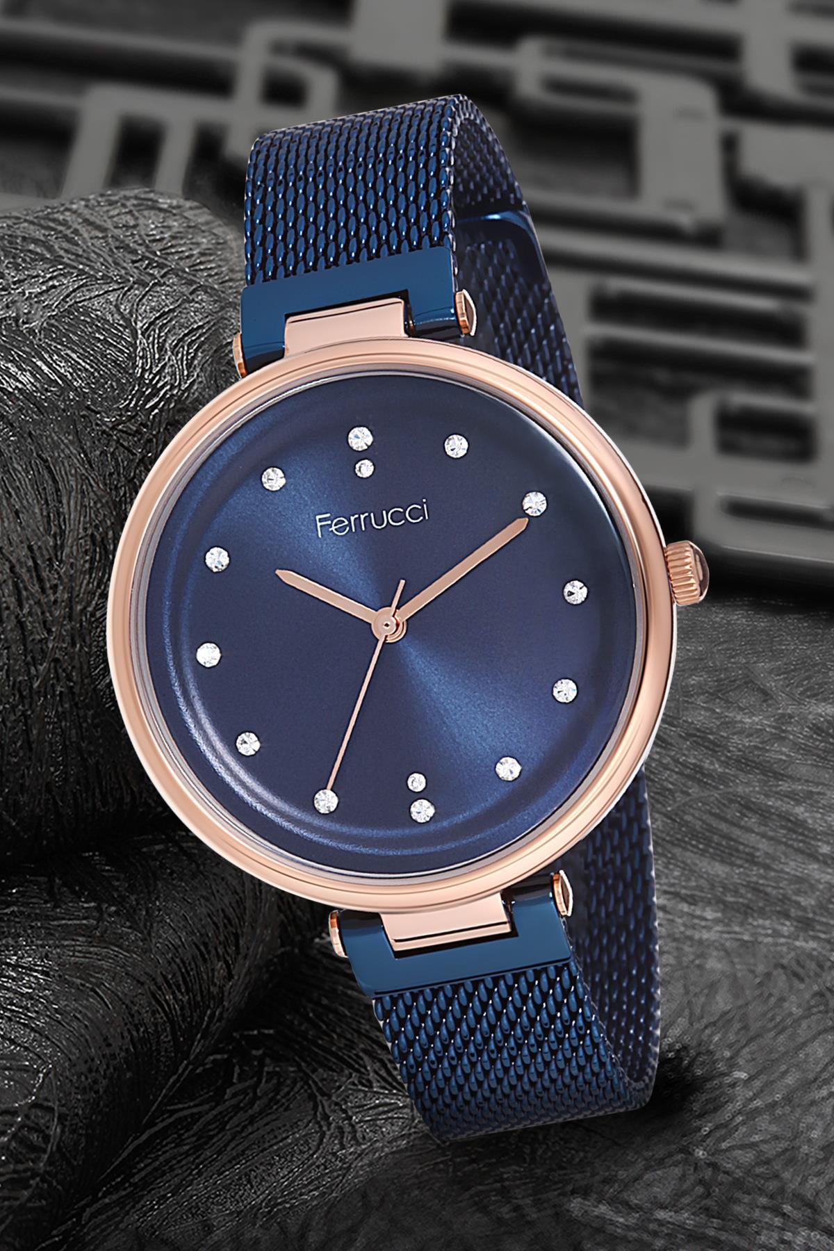 Ferrucci 9FM1555 38 mm Lacivert Çelik-Hasır Kordon Analog Kadın Kol Saati