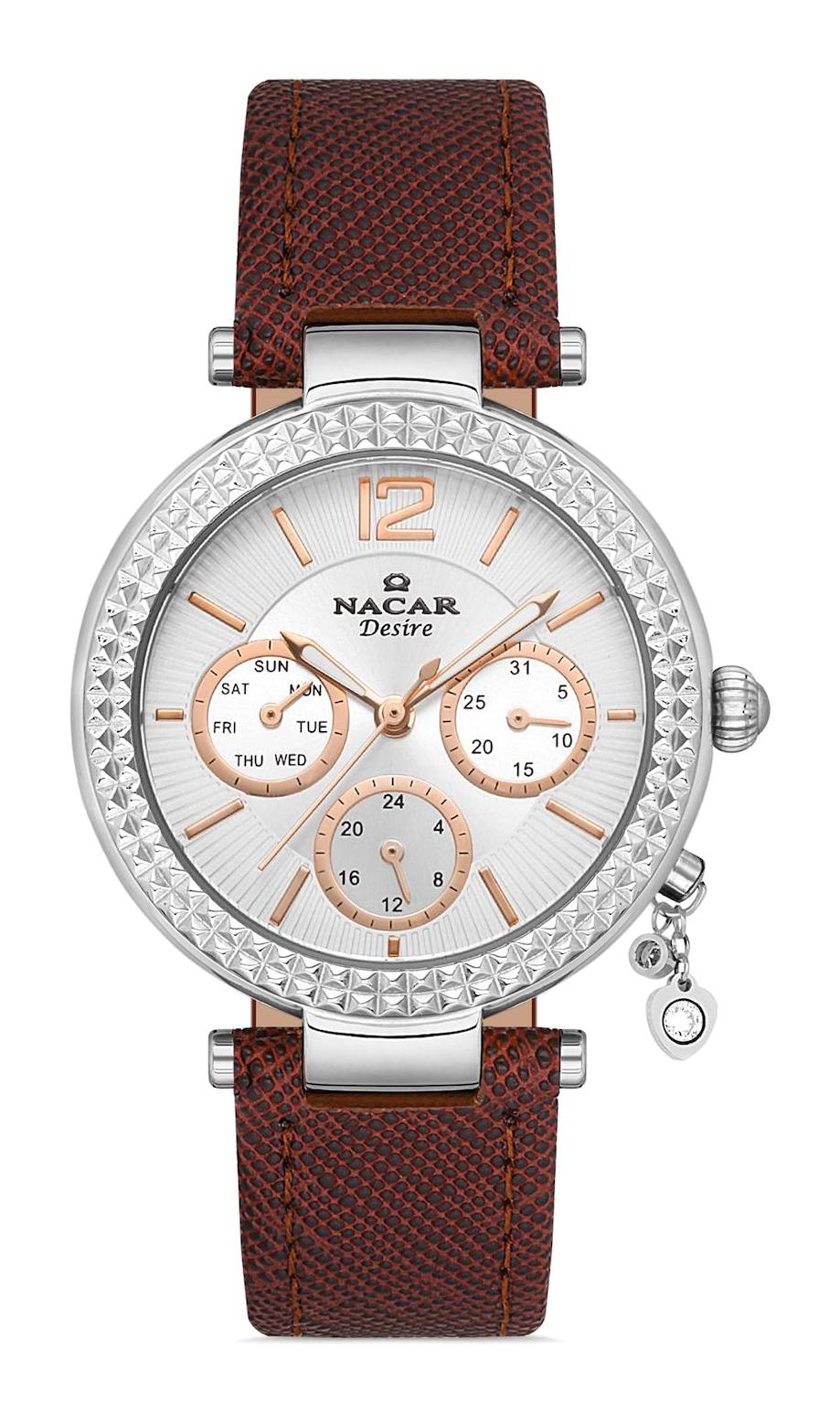 Nacar 103931024-ASL2 Takvimli 36 mm Kahverengi Deri Kordon Analog Kadın Kol Saati