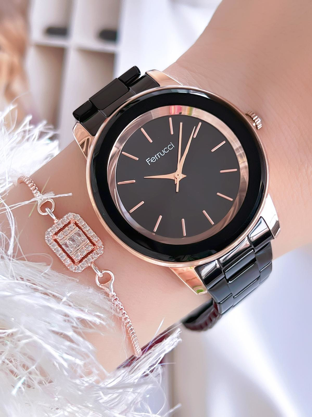 Ferrucci 38 mm Siyah Çelik Kordon Analog Kadın Kol Saati
