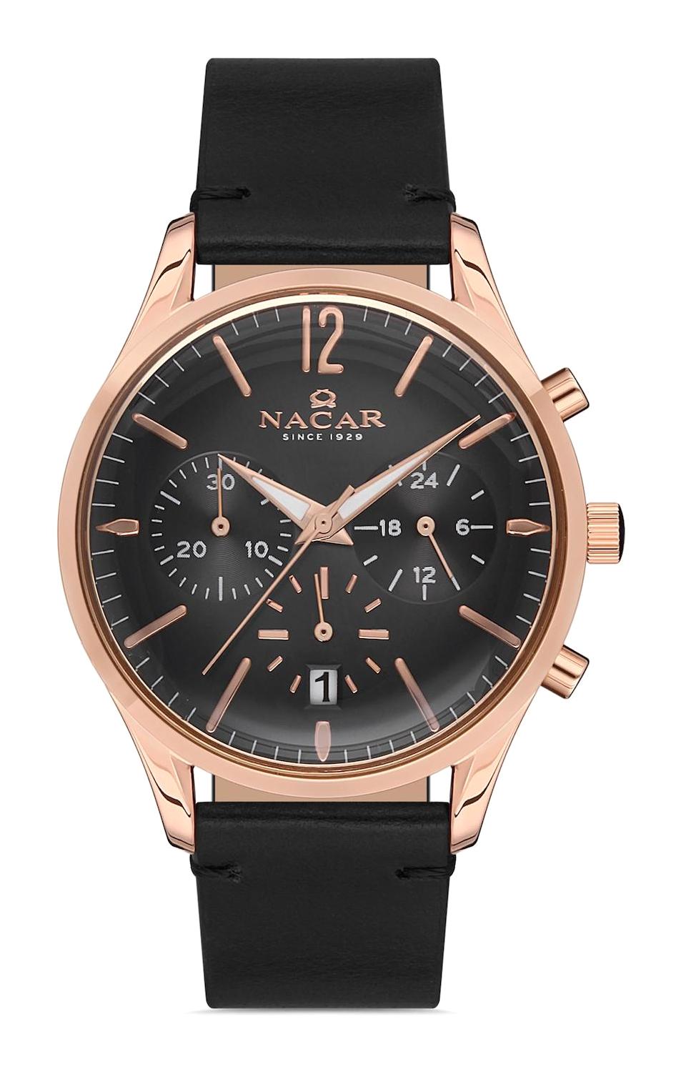 Nacar 25390167-RBL1 Takvimli 38 mm Siyah Deri Kordon Analog Kadın Kol Saati