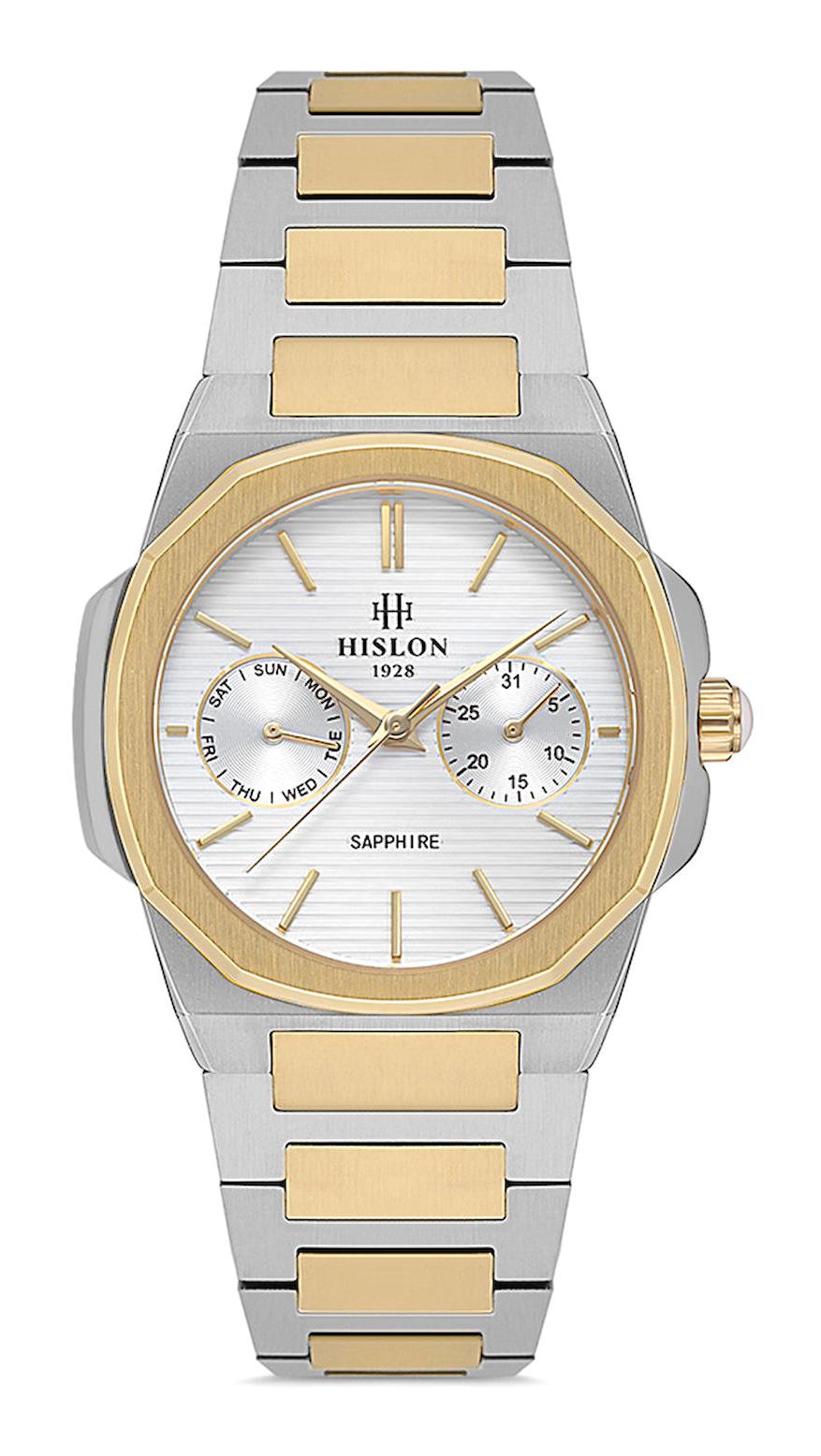Hislon QT127T-02SG Takvimli 33 mm Altın-Gri Çelik Kordon Analog Kadın Kol Saati