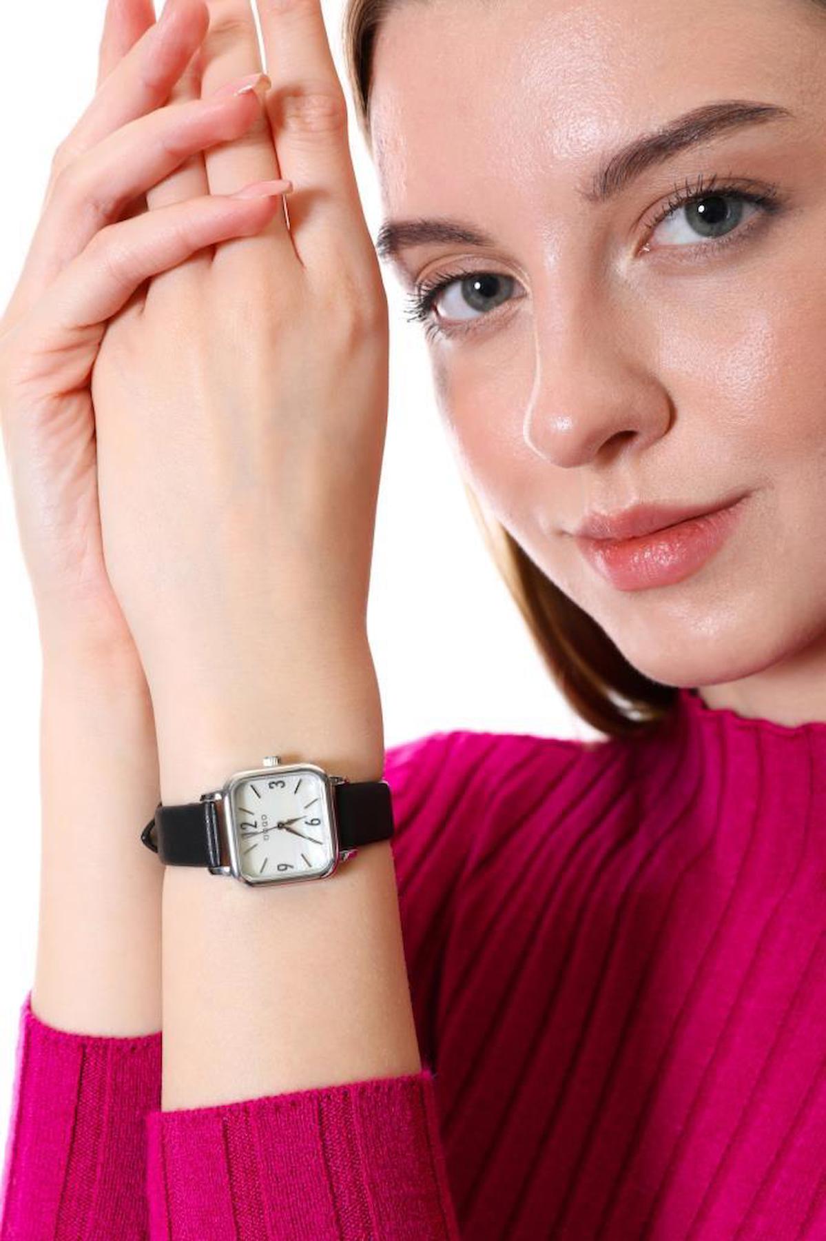 Oqqo 20 mm Siyah Deri Kordon Analog Kadın Kol Saati