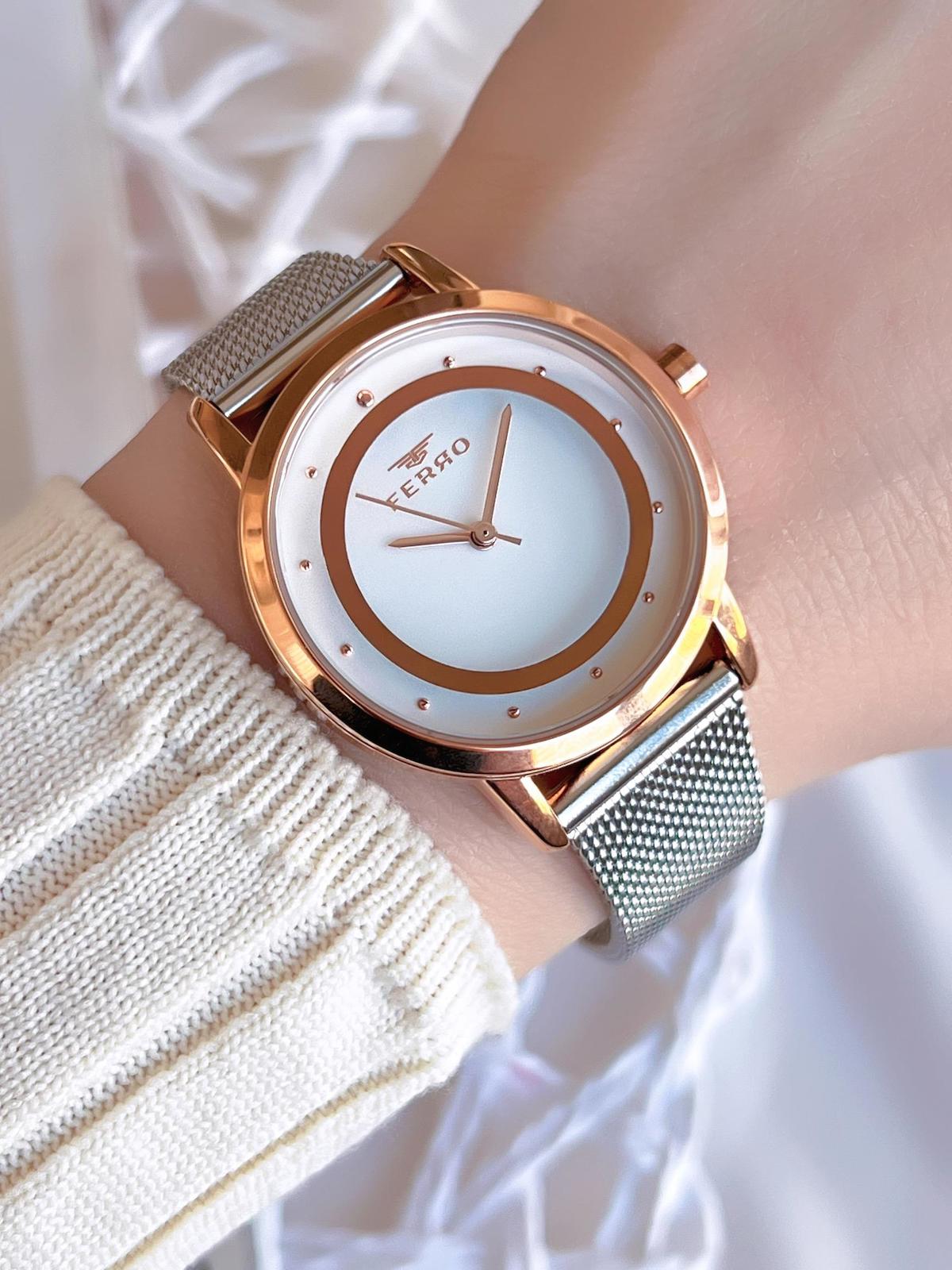 Ferro BF21070CWT 36 mm Gri Çelik-Hasır Kordon Analog Kadın Kol Saati