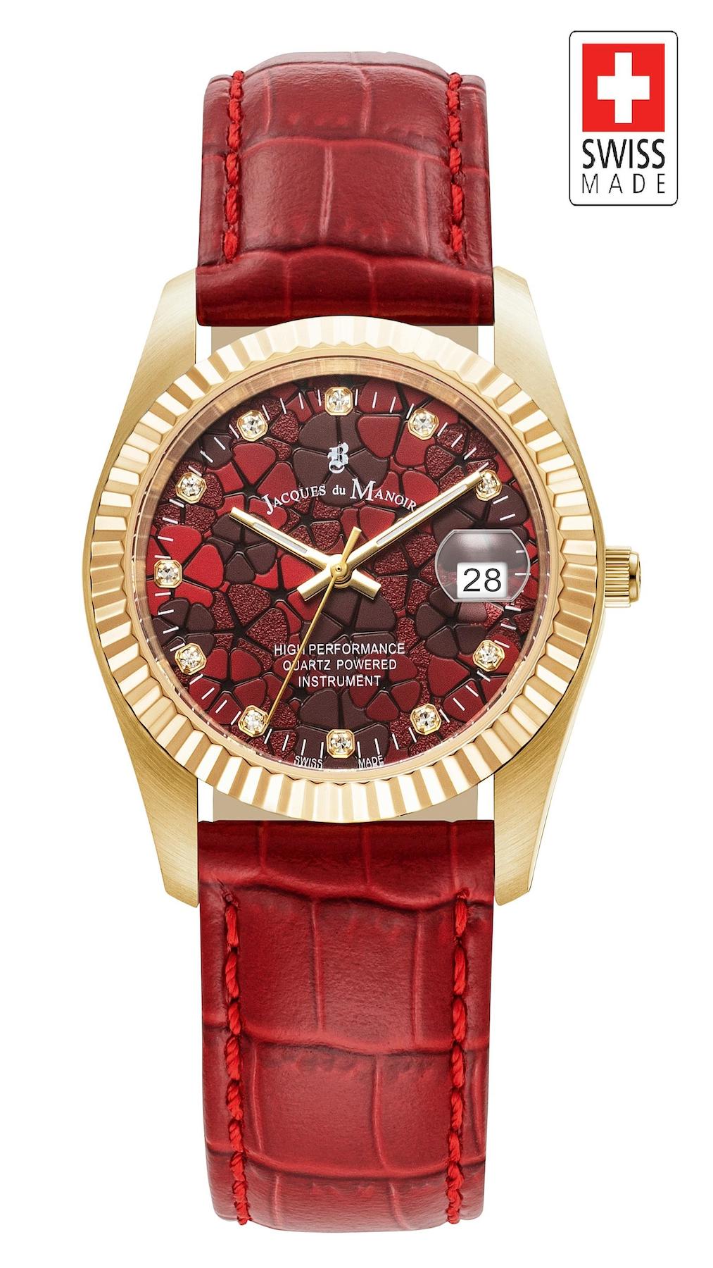 Jacques Du Manoir JWL02607 Takvimli 34 mm Kırmızı Deri Kordon Analog Kadın Kol Saati