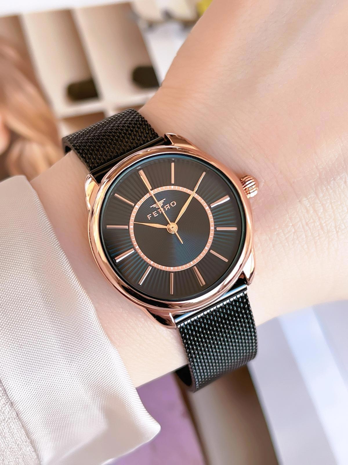 Ferro 21152-R 36 mm Siyah Hasır Kordon Analog Kadın Kol Saati