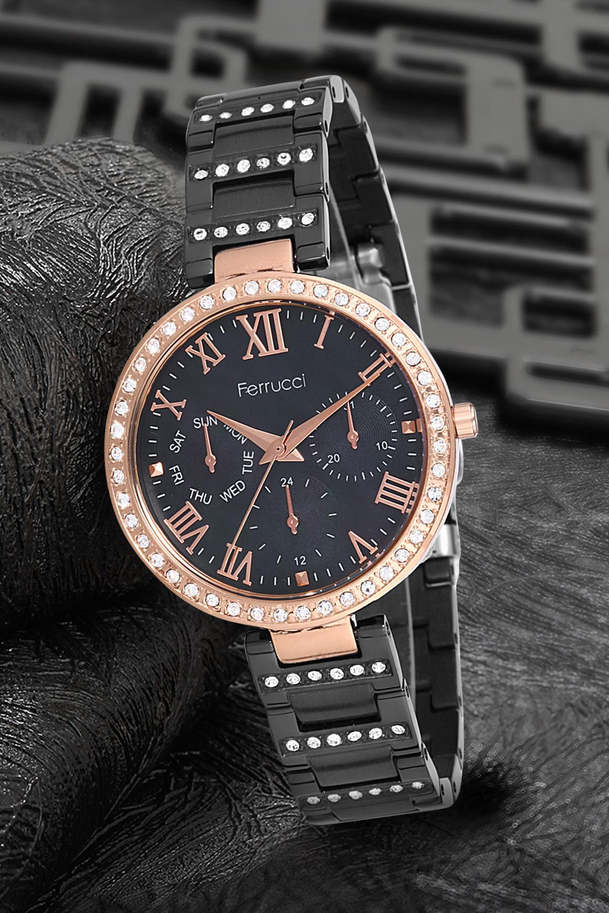 Ferrucci 9FM1679 38 mm Gri-Siyah Metal Kordon Analog Kadın Kol Saati