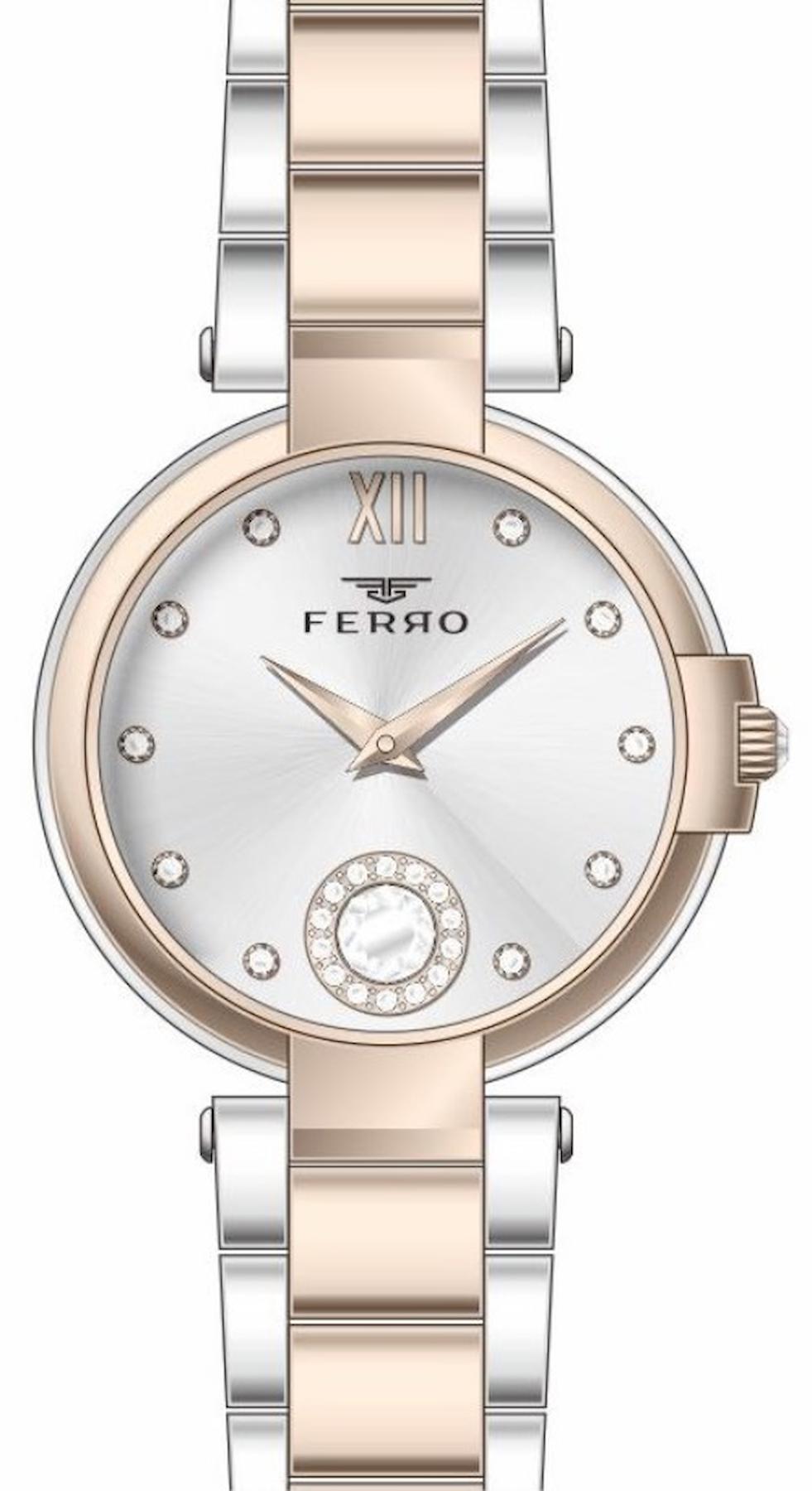 Ferro FL21469A-E 34 mm Gri-Rose Gold Metal Kordon Analog Kadın Kol Saati