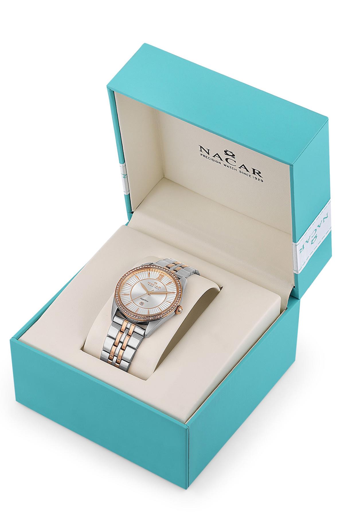Nacar 3439B677-ESMS Takvimli 33 mm Gri-Rose Gold Metal Kordon Analog Kadın Kol Saati