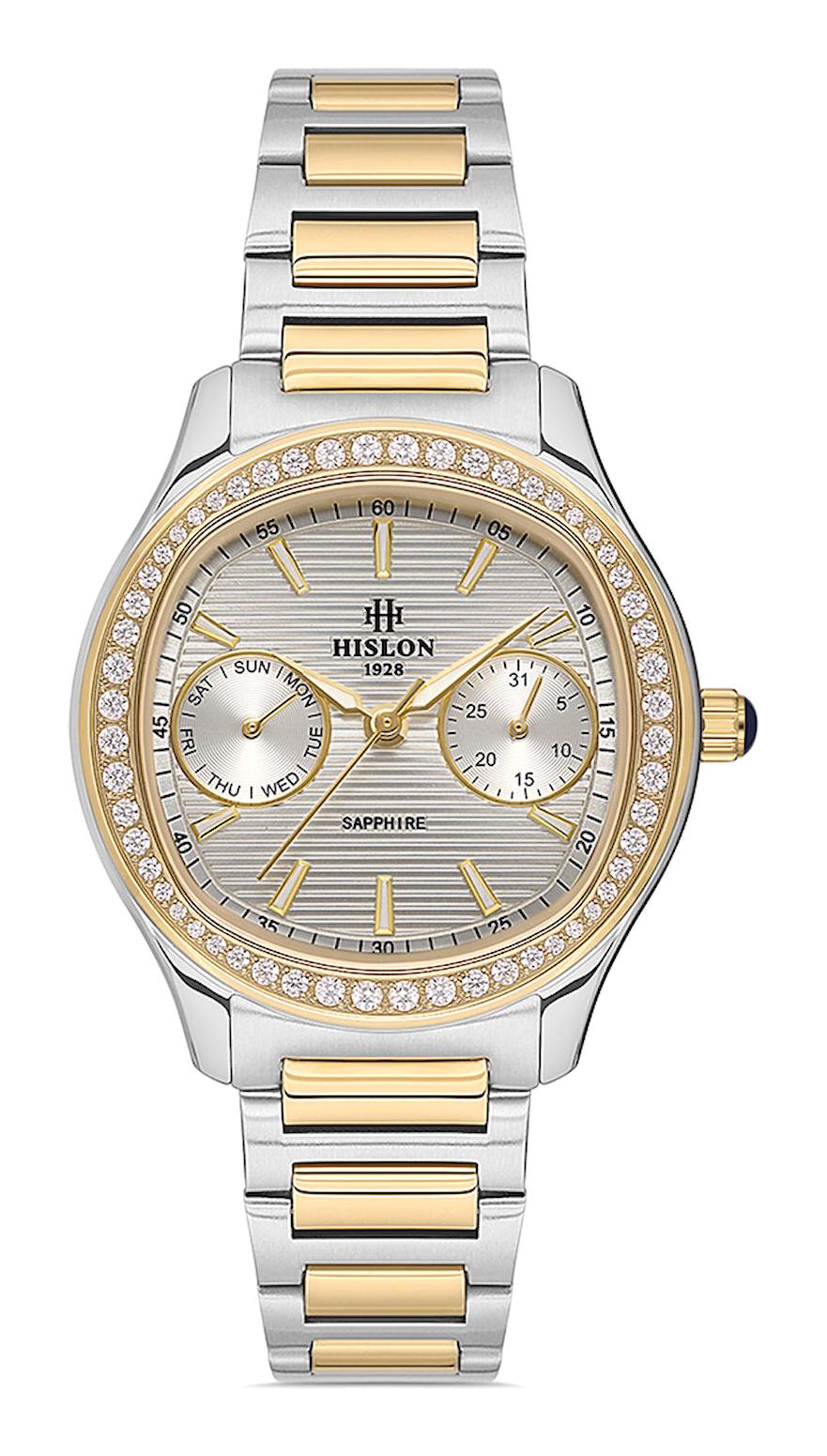 Hislon QT148T-10ST Takvimli 33 mm Altın-Gri Çelik Kordon Analog Kadın Kol Saati