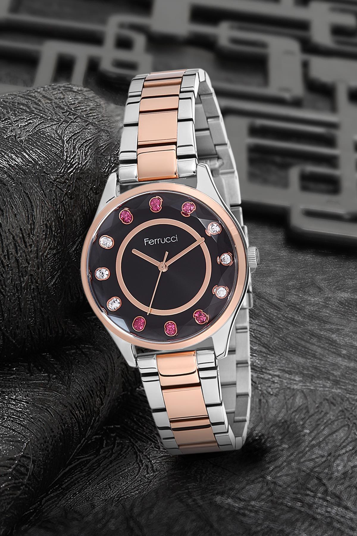 Ferrucci 9FM2449 35 mm Gri-Rose Gold Metal Kordon Analog Kadın Kol Saati