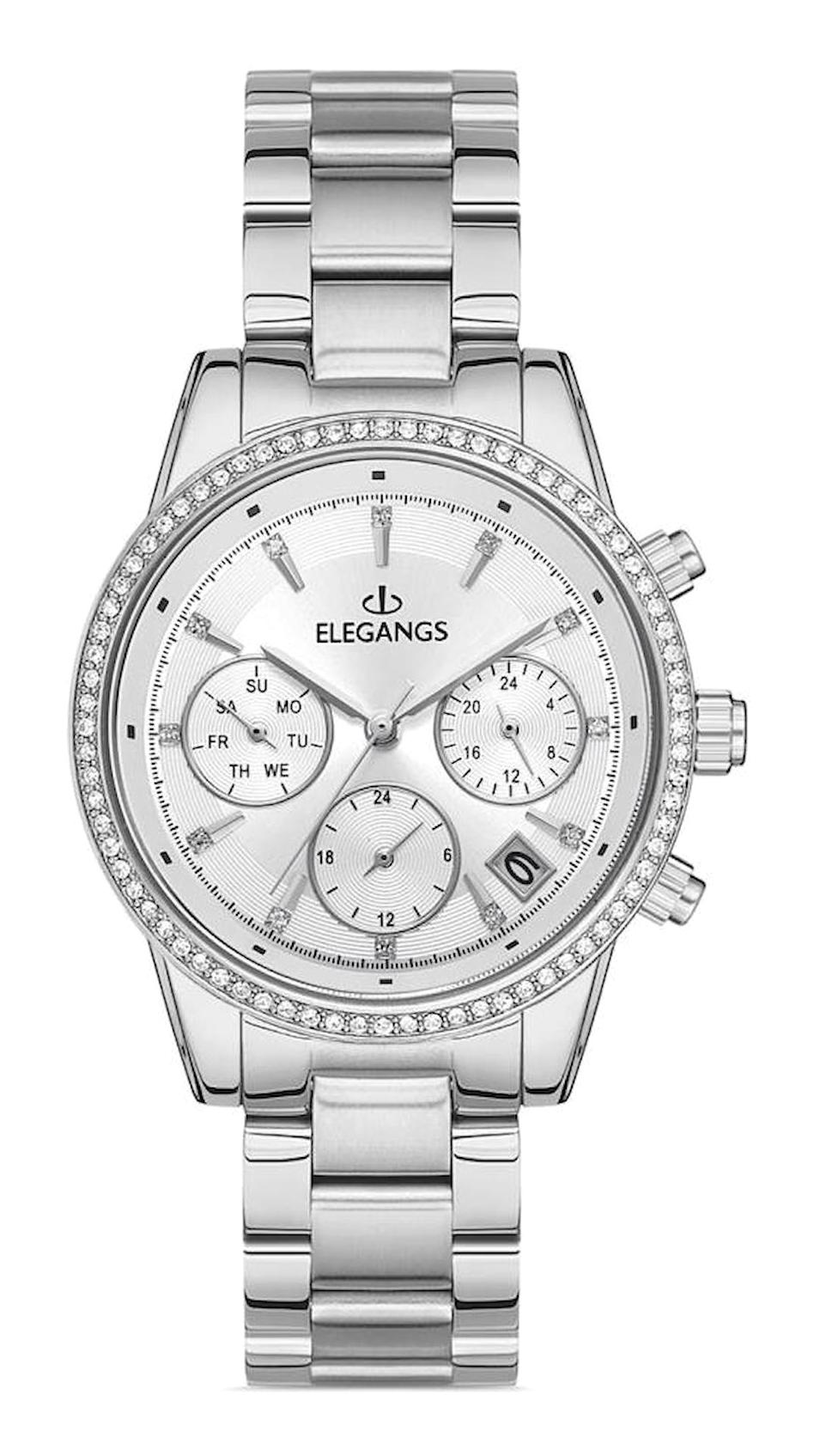 Elegangs EL2449.1 Takvimli 36 mm Gri Çelik Kordon Analog Kadın Kol Saati