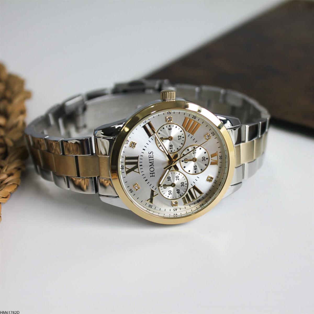 Homies HM61782D Takvimli 35 mm Altın-Gri Metal Kordon Analog Kadın Kol Saati