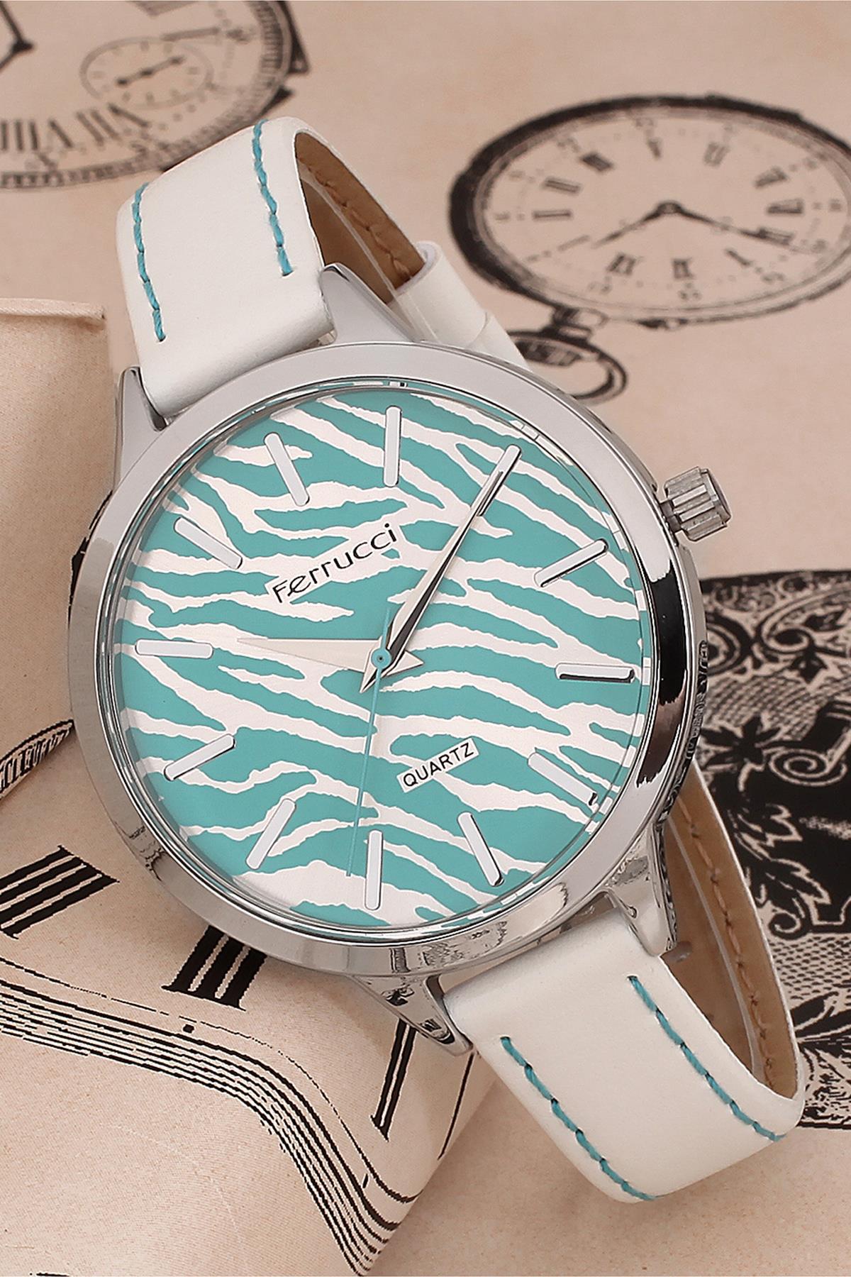 Ferrucci FRK193 36 mm Beyaz-Mavi Deri Kordon Analog Kadın Kol Saati