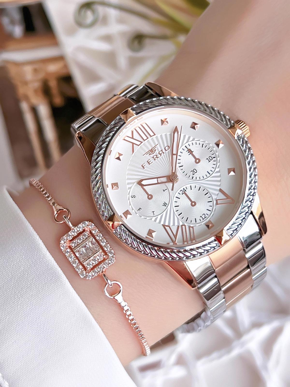 Ferro EMN8A2112-FE Takvimli 36 mm Gri-Rose Gold Çelik-Hasır Kordon Analog Kadın Kol Saati