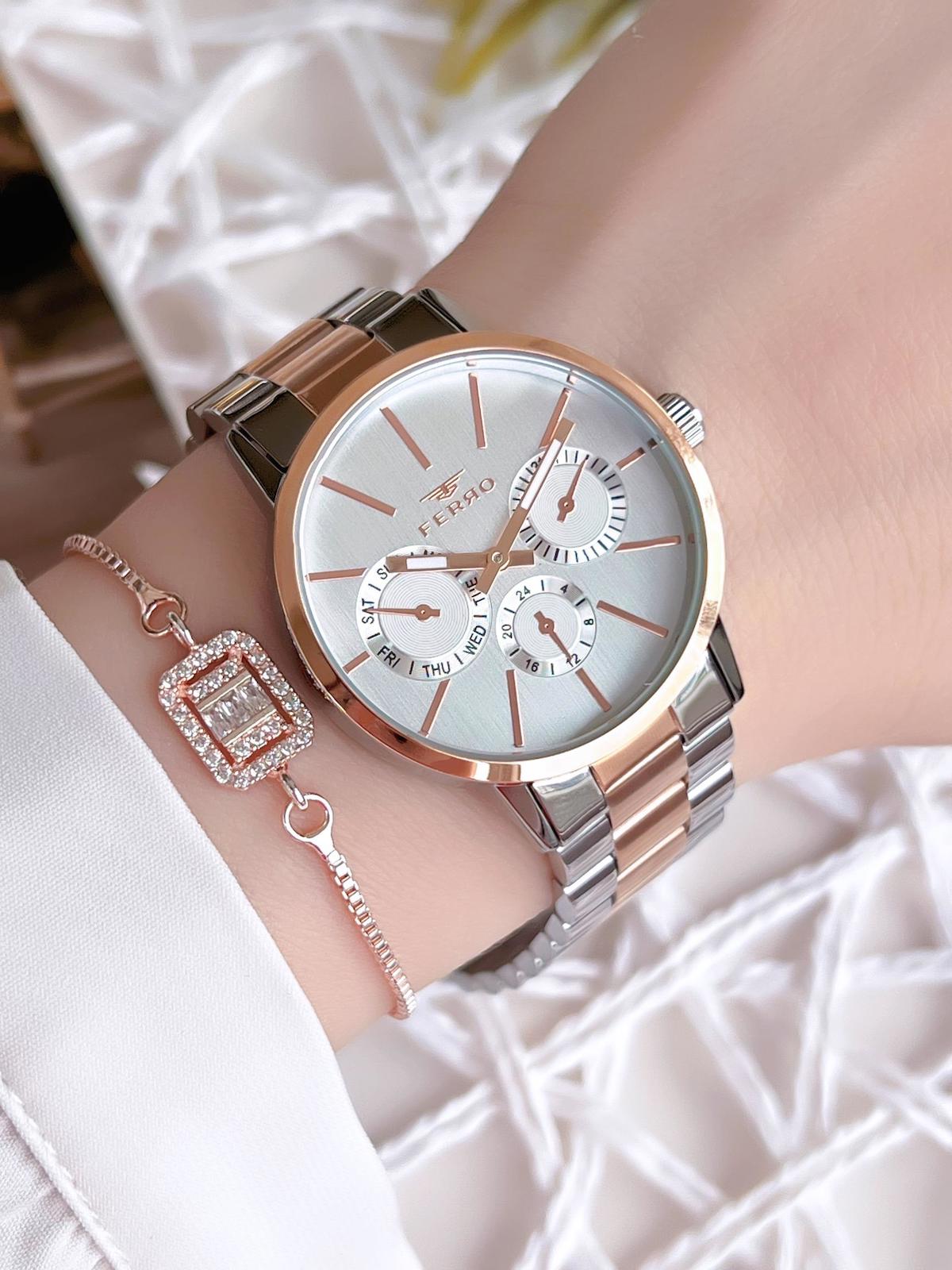 Ferro EF21072-E-E Takvimli 36 mm Gri-Rose Gold Çelik Kordon Analog Kadın Kol Saati