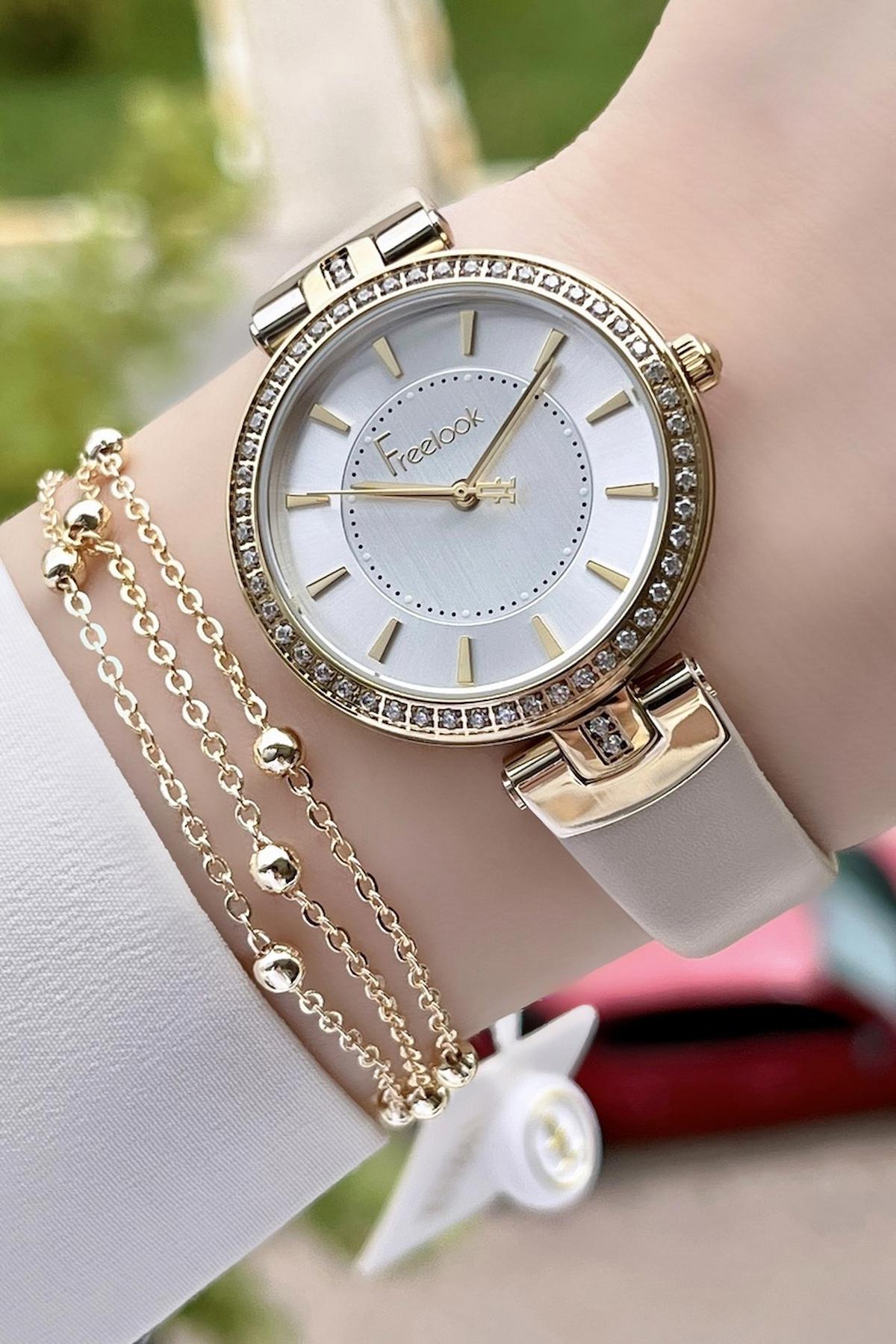 Freelook FLISTE16 35 mm Krem Deri Kordon Analog Kadın Kol Saati