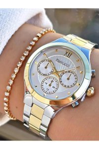 Ferrucci Takvimli 33 mm Altın-Gri Çelik Kordon Analog Kadın Kol Saati