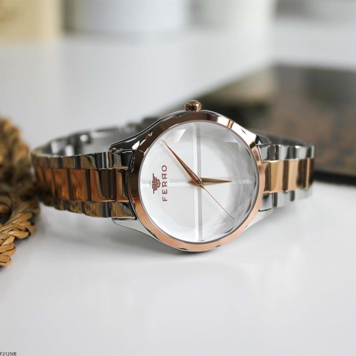 Ferro F21250E 36 mm Gri-Rose Gold Çelik Kordon Analog Kadın Kol Saati