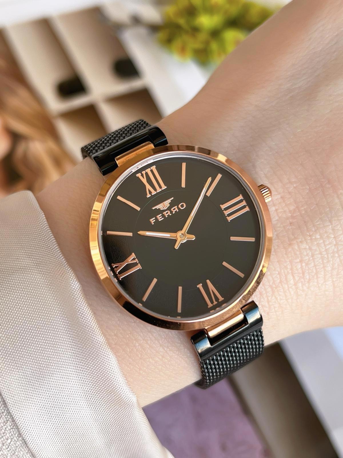 Ferro 21155-R 36 mm Siyah Hasır Kordon Analog Kadın Kol Saati