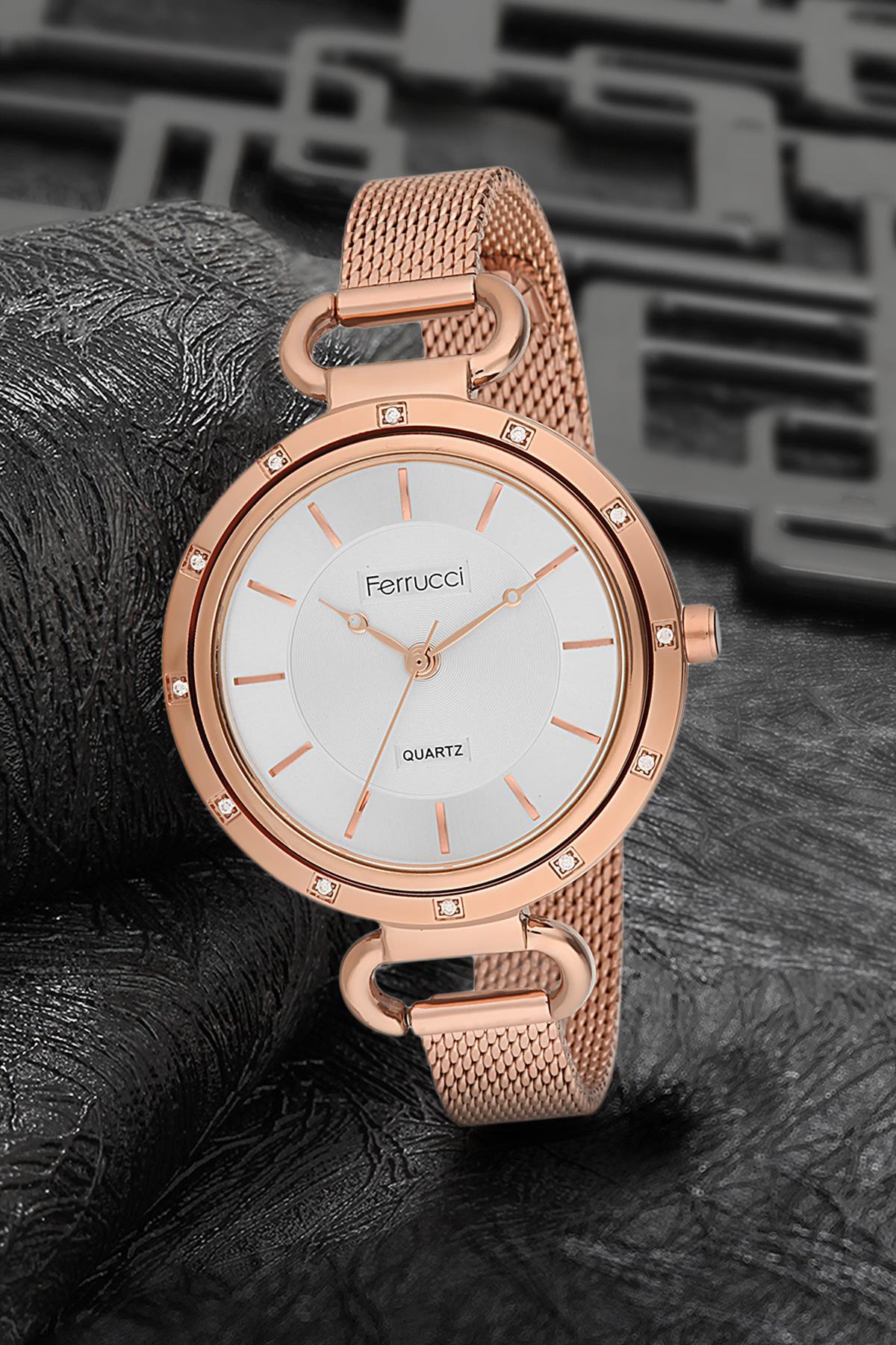 Ferrucci 9FM2413 38 mm Rose Gold Çelik-Hasır Kordon Analog Kadın Kol Saati