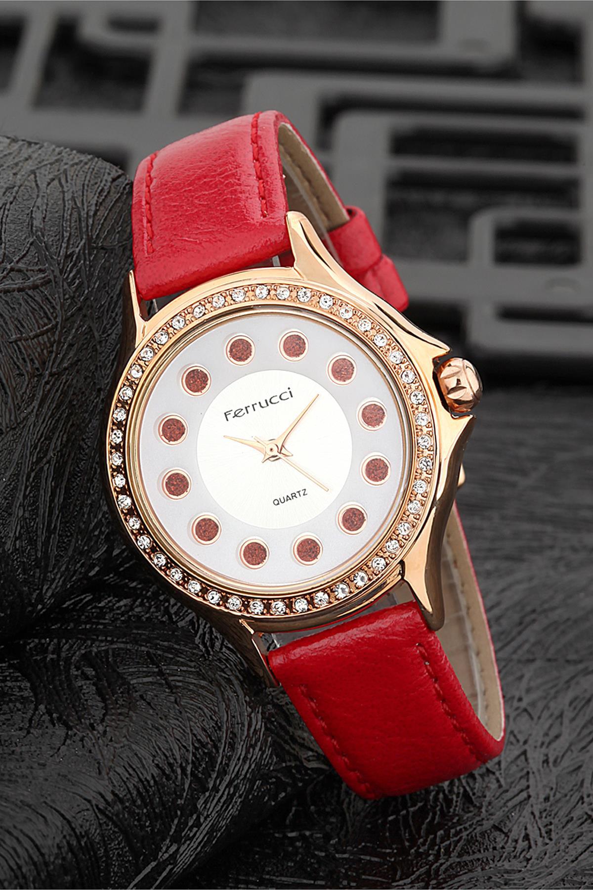 Ferrucci FRK1057 38 mm Kırmızı Deri Kordon Analog Kadın Kol Saati