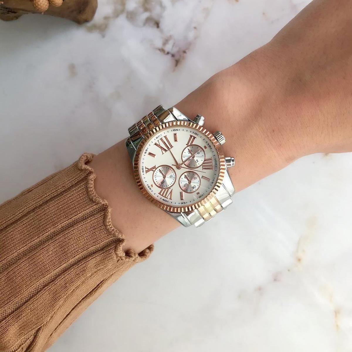 Oqqo Takvimli 40 mm Gri-Rose Gold Metal Kordon Analog Kadın Kol Saati
