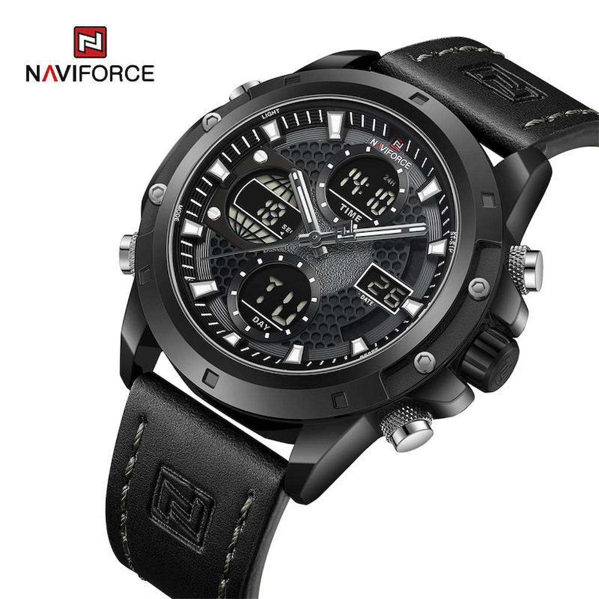 Naviforce Işıklı Alarmlı Takvimli 45 mm Siyah Deri Kordon Analog-Dijital Erkek Kol Saati