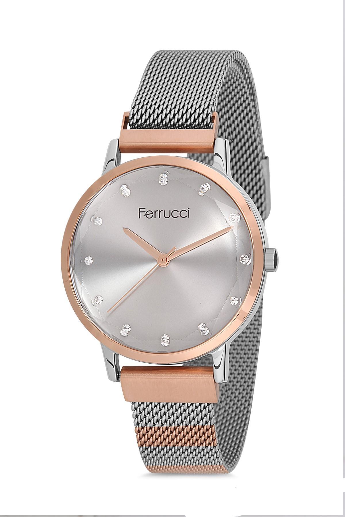Ferrucci 9FM2360 38 mm Gri-Rose Gold Çelik-Hasır Kordon Analog Kadın Kol Saati