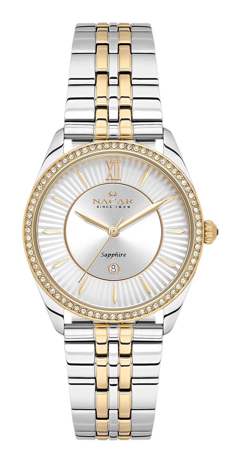 Nacar 3439B677-CSMS Takvimli 33 mm Gri-Sarı Metal Kordon Analog Kadın Kol Saati