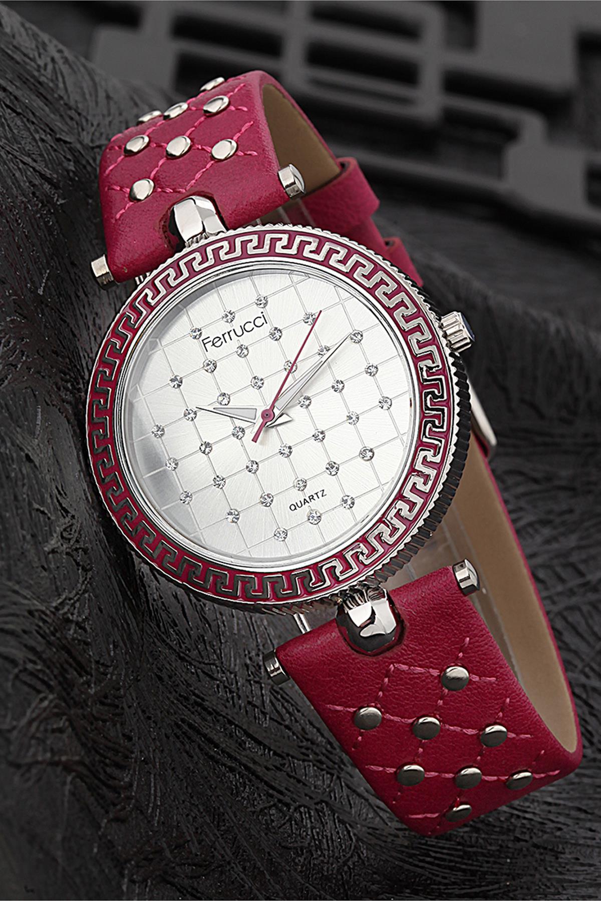 Ferrucci FRK1017 38 mm Kırmızı Deri Kordon Analog Kadın Kol Saati