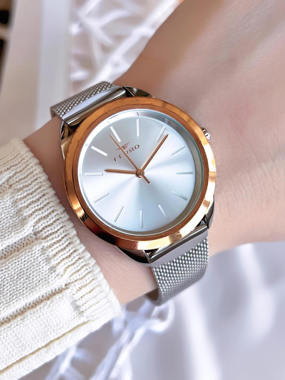 Ferro BF21073CWT-E 36 mm Gri Çelik-Hasır Kordon Analog Kadın Kol Saati