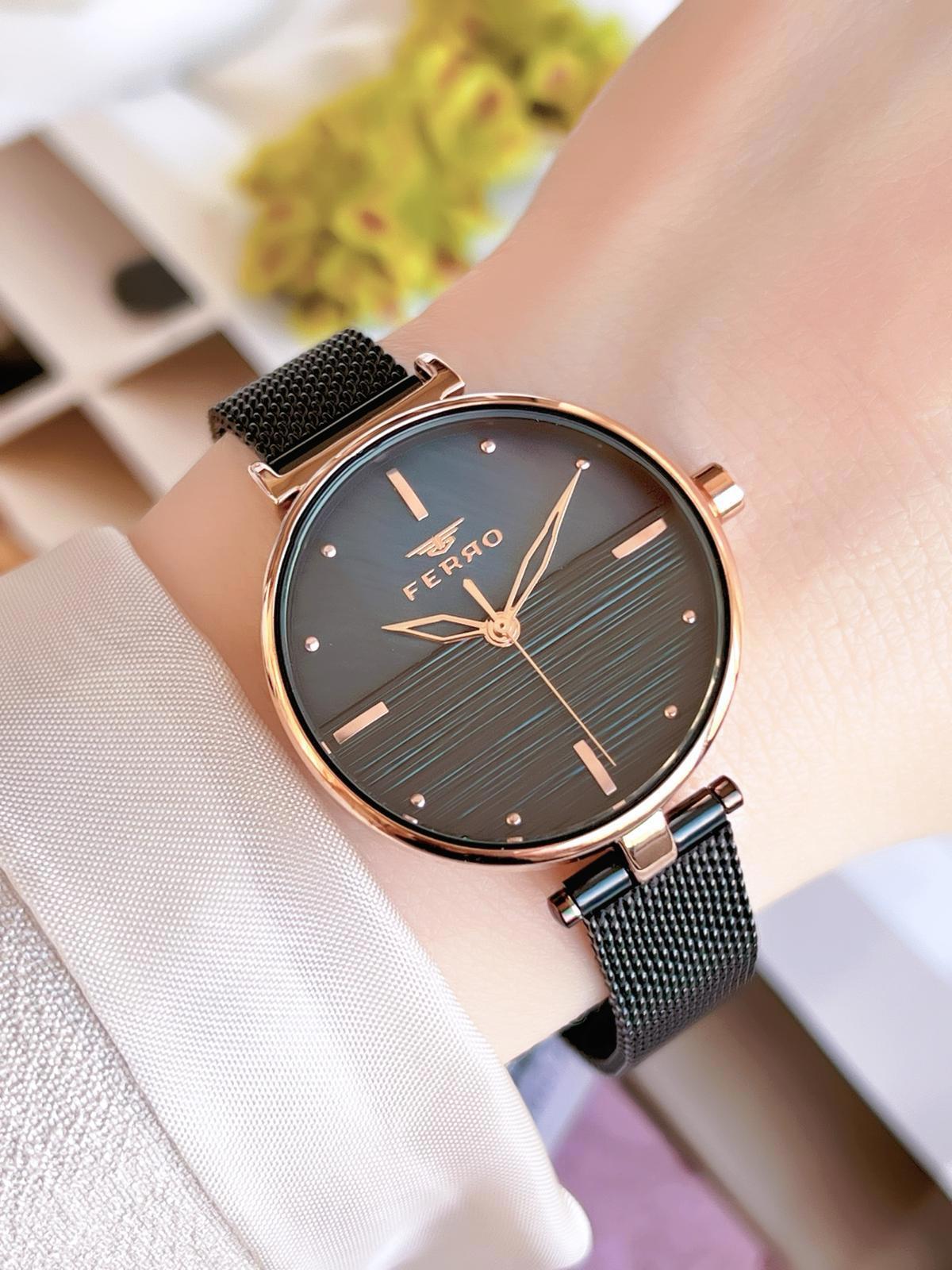 Ferro 21224-R 36 mm Siyah Hasır Kordon Analog Kadın Kol Saati