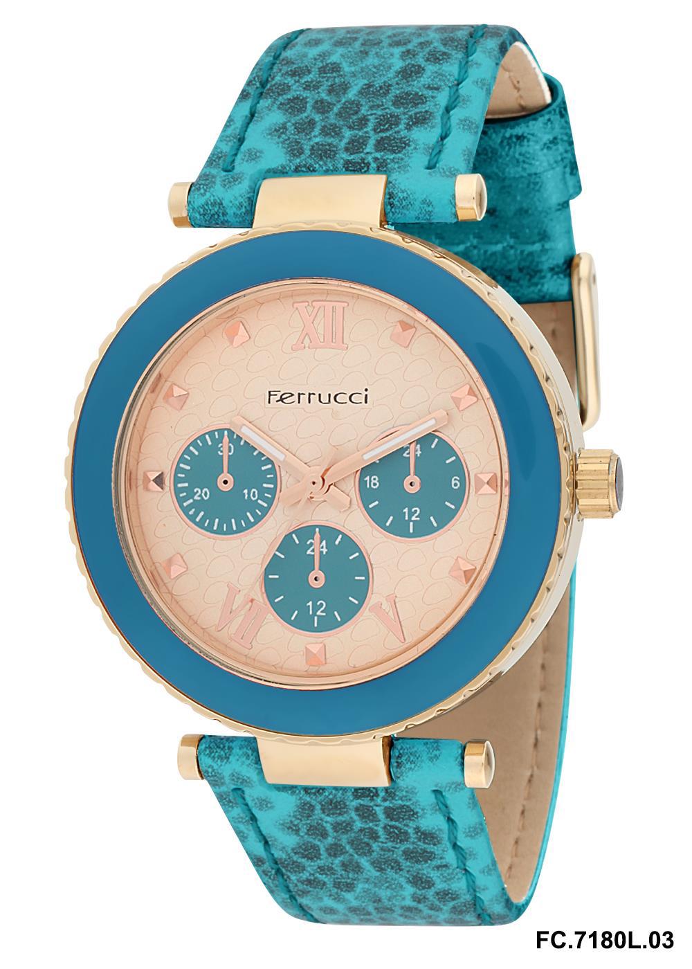 Ferrucci 2FK2092 38 mm Mavi Deri Kordon Analog Kadın Kol Saati