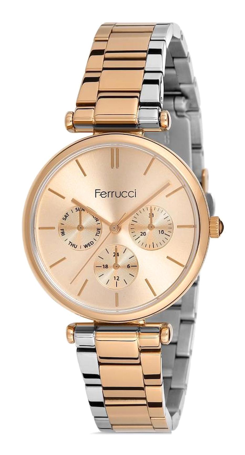 Ferrucci FC.0522.12964M.01 Takvimli 35 mm Gri-Rose Gold Metal Kordon Analog Kadın Kol Saati