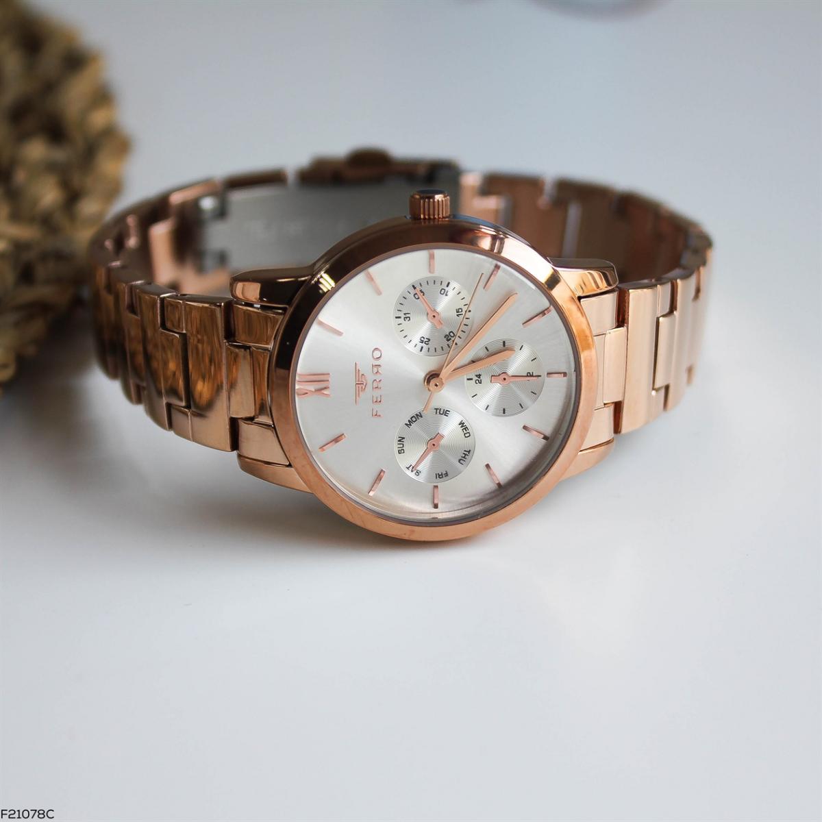 Ferro F21078C Takvimli 36 mm Rose Gold Metal Kordon Analog Kadın Kol Saati