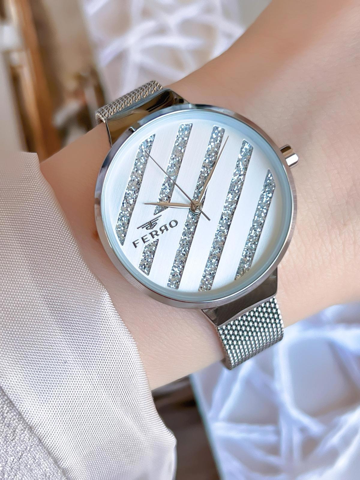 Ferro 1618 36 mm Gri Hasır Kordon Analog Kadın Kol Saati