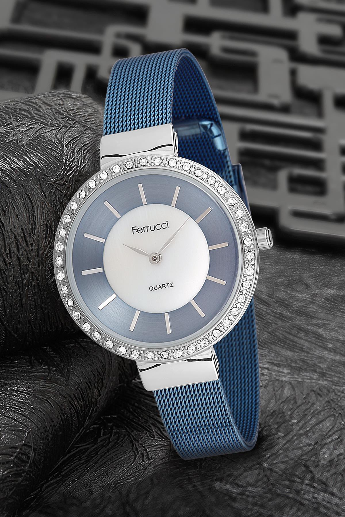 Ferrucci 9FM2028 38 mm Mavi Çelik-Hasır Kordon Analog Kadın Kol Saati