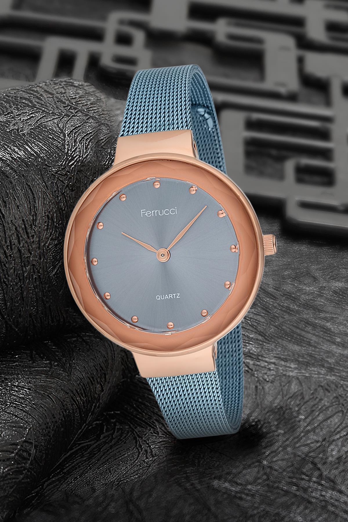 Ferrucci 9FM2410 38 mm Mavi Çelik-Hasır Kordon Analog Kadın Kol Saati