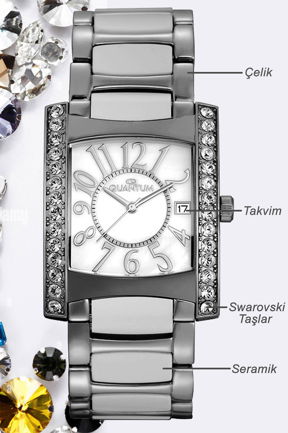 Quantum IMC233MSS-01SW Takvimli 32 mm Gri Çelik Kordon Analog Kadın Kol Saati