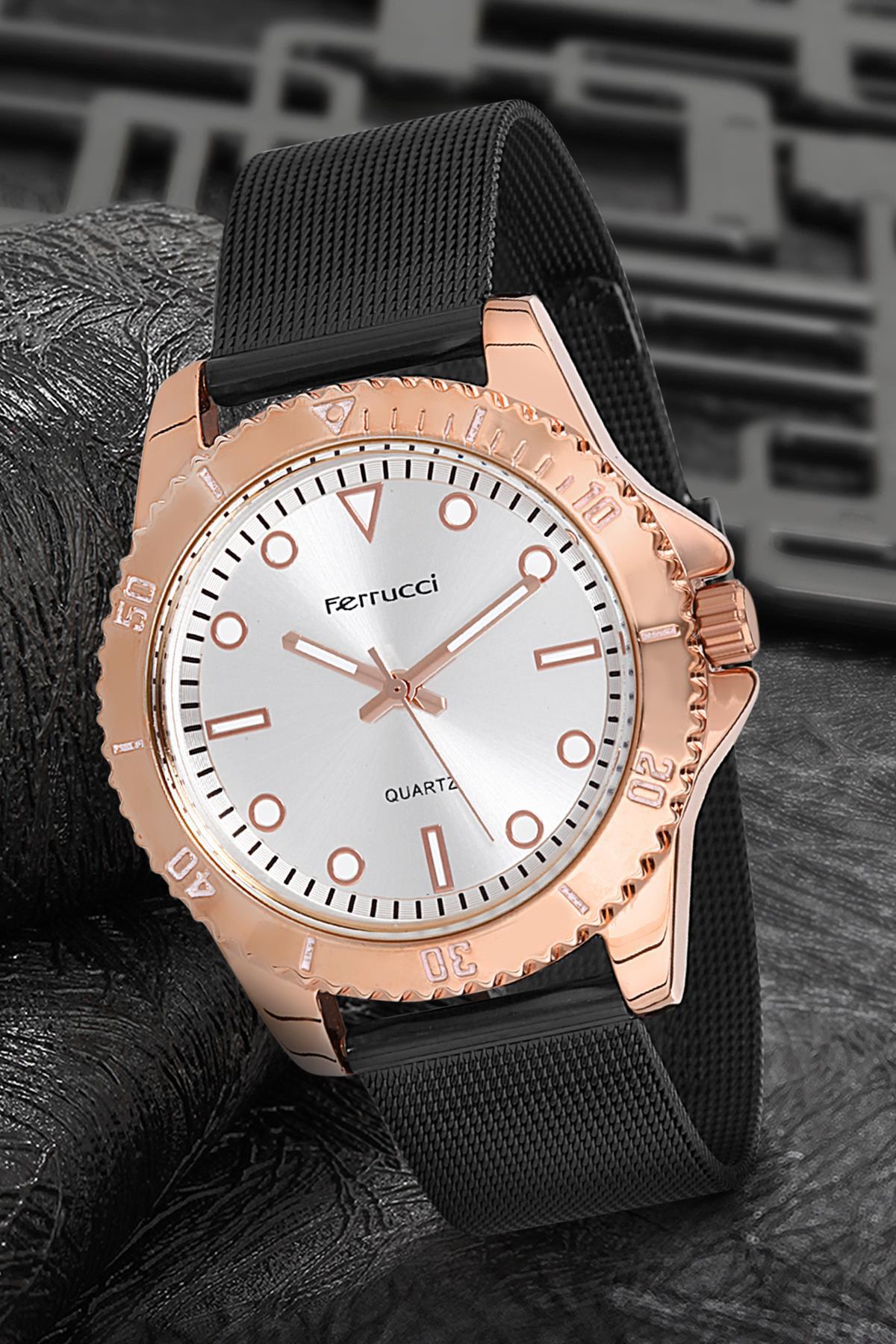 Ferrucci 9FM1528 38 mm Siyah Çelik-Hasır Kordon Analog Kadın Kol Saati