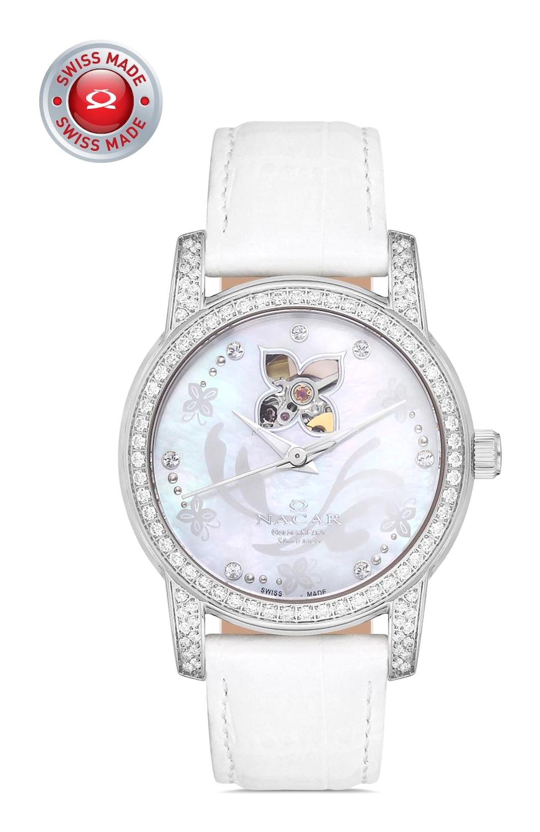Nacar 0239SS22-AML11 36 mm Beyaz Deri Kordon Analog Kadın Kol Saati