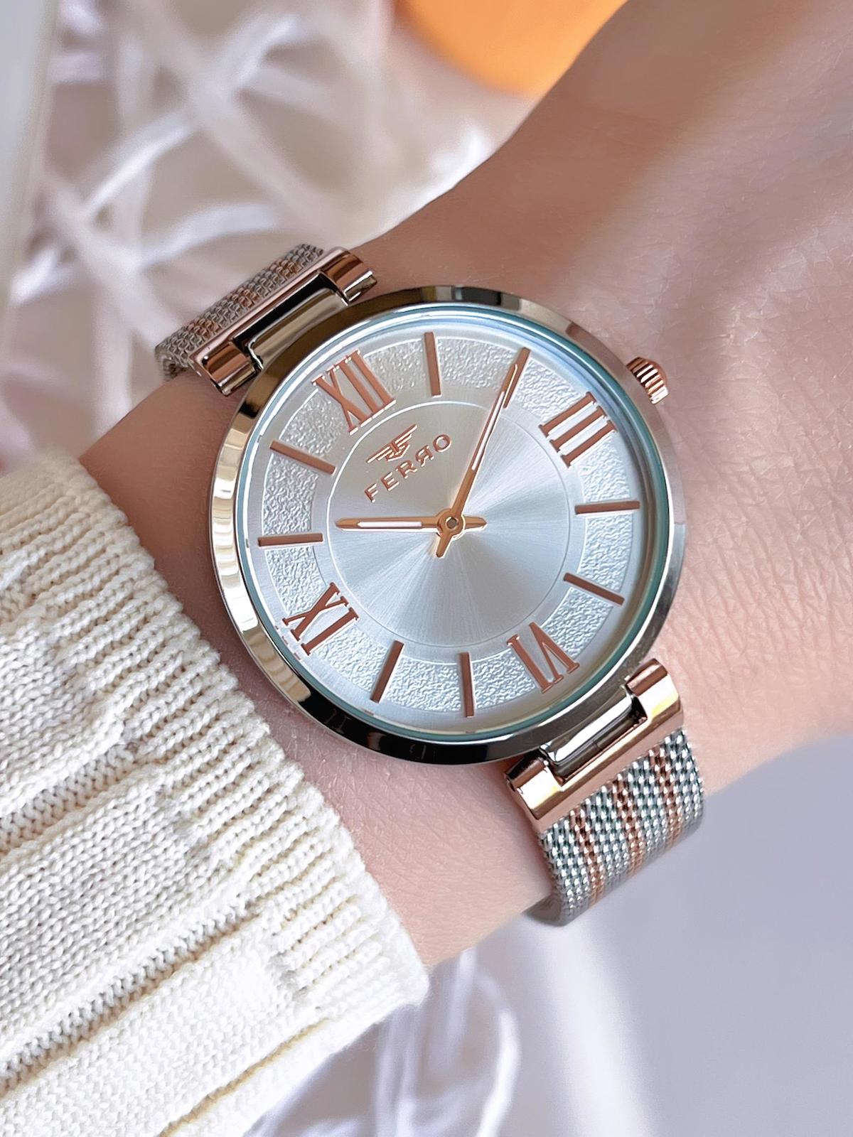 Ferro BF21155CWT-E 36 mm Gri-Rose Gold Çelik-Hasır Kordon Analog Kadın Kol Saati