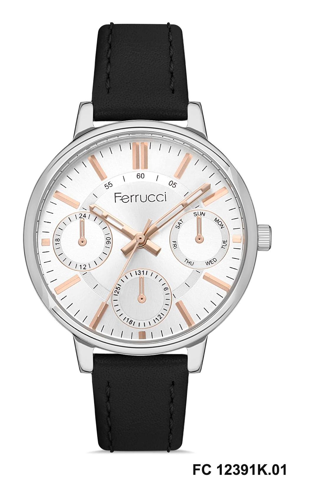 Ferrucci FC.0123.12391K.01 Takvimli 36 mm Siyah Deri Kordon Analog Kadın Kol Saati