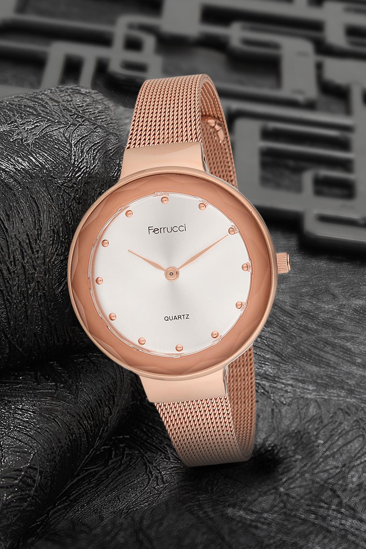 Ferrucci 9FM2409 38 mm Rose Gold Çelik-Hasır Kordon Analog Kadın Kol Saati