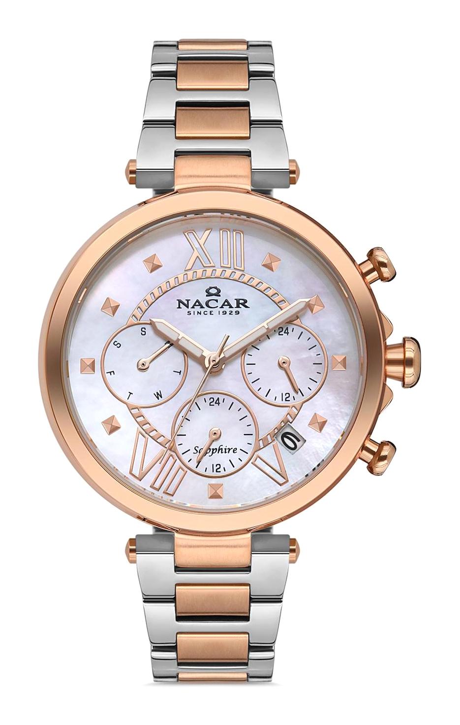 Nacar NC38-396296-EWM Takvimli 36 mm Gri-Rose Gold Çelik Kordon Analog Kadın Kol Saati