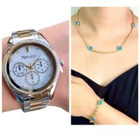 Ferrucci Takvimli 38 mm Altın-Gri Çelik Kordon Analog Kadın Kol Saati